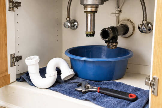 Exposed sink drainpipe with basin, replacement trap and wrench inside open cabinet. Plumbing repair and leak maintenance.
