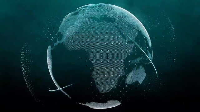 A futuristic digital animation of a globe set against a dark blue-green background, featuring points of light that form landmasses and orbital lines tracing paths around it.