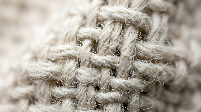 Macro close up view of coarse natural beige linen fabric texture showing thick woven fibers, interlocking threads, and rustic organic detail