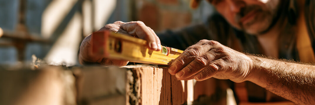 A skilled carpenter measures wood with a level tool, ensuring precision and craftsmanship in his work. Focus on attention to detail in construction.