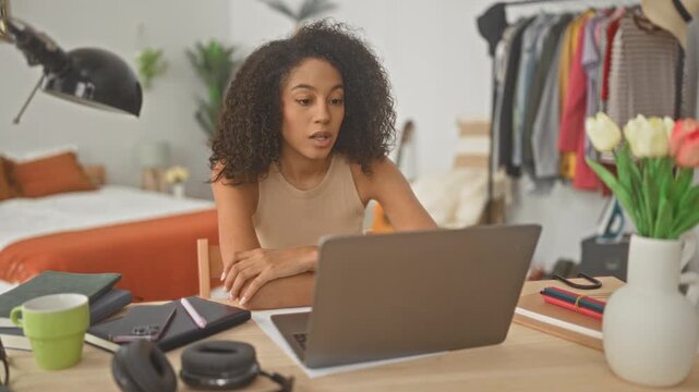 Young hispanic woman claps hands and smiles at laptop on desk amid bed and clothes rack in studio workspace; remote study joy.
