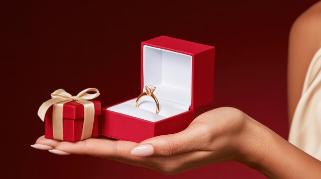 Red velvet box holding gold engagement ring beside small gift box with gold ribbon on woman hand, wedding jewelry