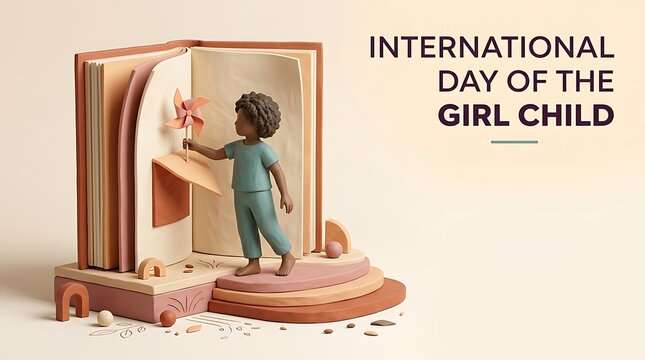 International Day of the Girl Child, 3D girl at book door, library book education concept, warm beige soft light illustration
