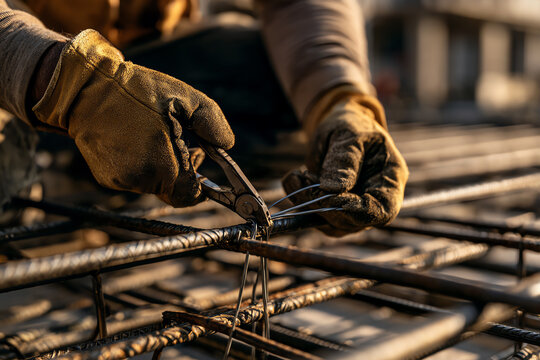 A worker in gloves expertly manipulates metal wires on a construction site, showcasing the precision and skill involved in the building process.