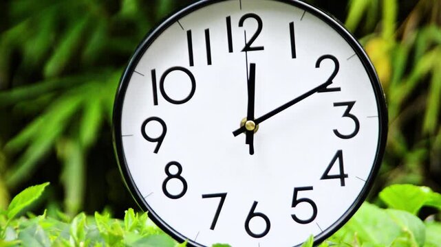 Analog Clock with Black Numbers on White Face Surrounded by Green Leaves in Nature