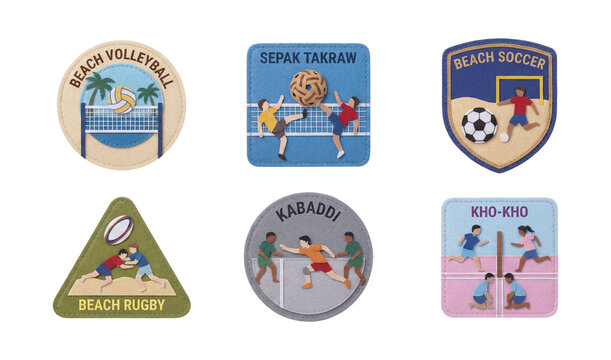 Collection of Felt Fabric Sport Emblem Patches Featuring Diverse Athletic Activities Like Beach Volleyball Soccer Rugby Kabaddi