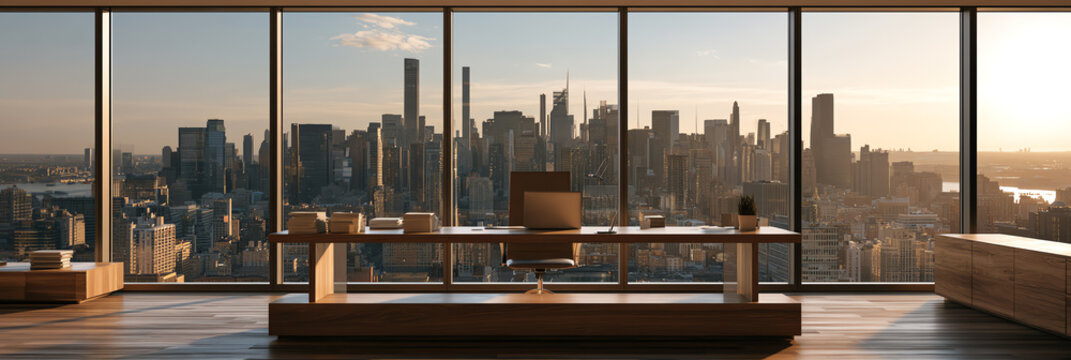Modern office interior with a stunning skyline view, showcasing a blend of architecture and comfort, ideal for corporate and urban lifestyle themes.