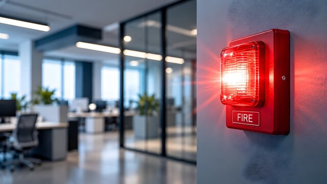 Red industrial fire alarm with active flashing strobe light mounted on a wall in a modern office interior, emergency notification and building safety security system for evacuation procedures.