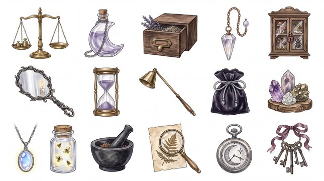 Magic and Witchcraft elements watercolor icon set containing icons for Scales, Moon Potion, Herbal Box, Pendulum, Cabinet, Hand Mirror, Hourglass, Bell, Pouch, Crystals, Pendant, Mortar, Keys, and Poc