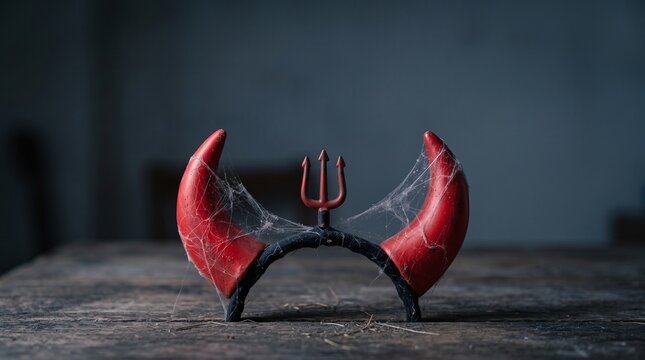 Spooky devil horns on wooden table