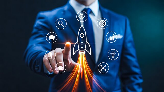 Businessman launching a digital rocket with glowing icons representing startup innovation and business growth
