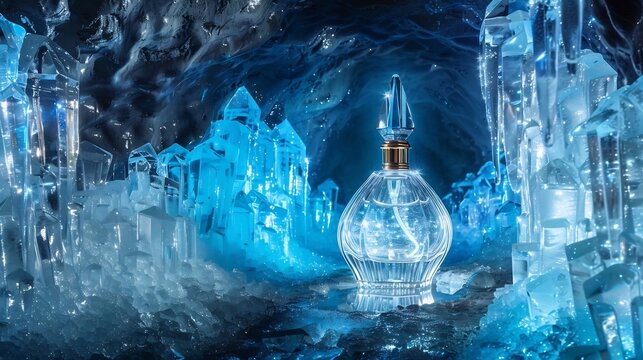 Crystal perfume bottle in a glowing blue ice cave with crystals