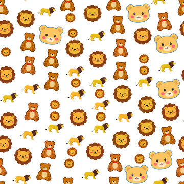 Seamless pattern of cartoon lions and teddy bears
