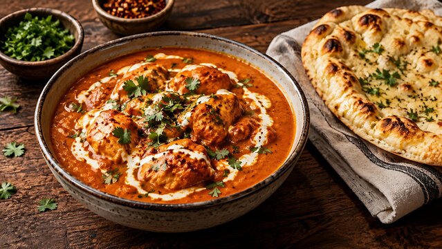  Authentic indian butter chicken curry with garlic naan bread
