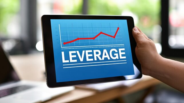Hand holding tablet showing leverage financial growth chart