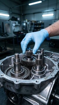 Hand in blue protective glove assembling metal gears inside mechanical transmission housing in industrial workshop