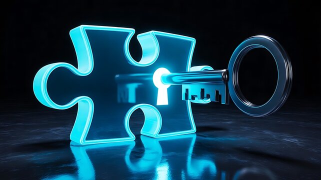 Glowing blue puzzle piece and metallic key representing problem solving, security, and unlocking solutions