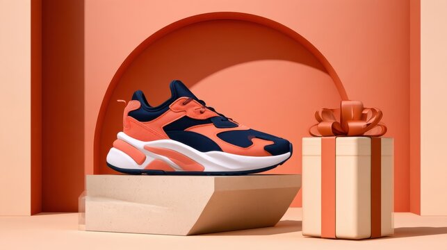 Orange and navy sneaker displayed on beige pedestal beside gift box with ribbon, streetwear fashion product shot