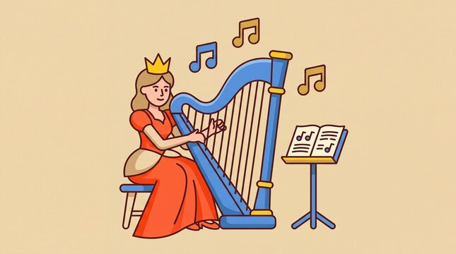Princess playing a harp with musical notes in flat vector style