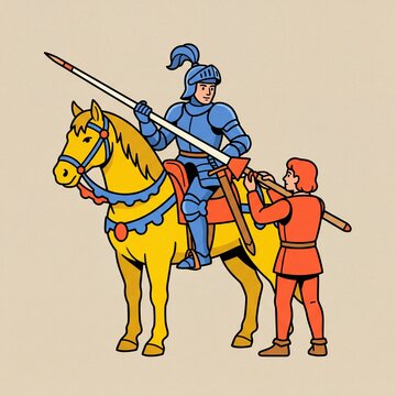 Medieval knight in blue armor riding a horse with squire assistance