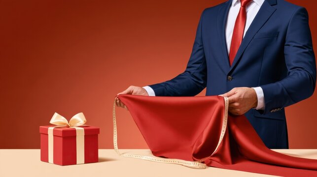 Man in navy suit holding red fabric with measuring tape beside red gift box with cream ribbon, tailoring and gift presentation concept