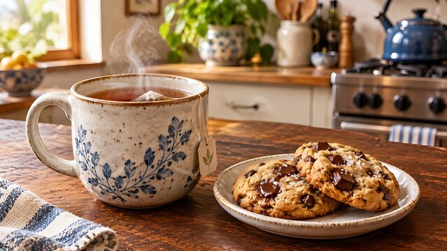 Hot morning tea in ceramic mug with gourmet chocolate chip cookies