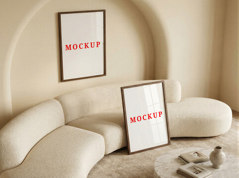 Set of two Blank frame mockup template, Modern living room wall poster mockup. Interior mock-up with house background. Modern interior design. 3D render