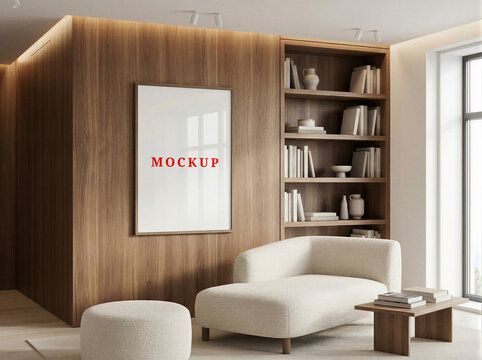 Blank frame mockup template, Modern living room wall poster mockup. Interior mock up with house background. Modern interior design. 3D render