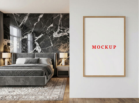 Luxury Bedroom Blank Wall Frame Mockup Template. Modern Poster Mock Up with Black Marble Wall and Gray Bed. Wooden Frame Artwork Display in Elegant Interior Design.