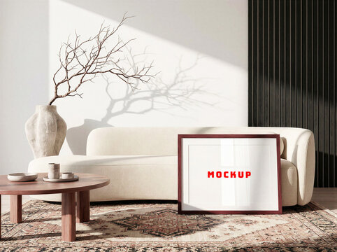 Bright Living Room Interior Mockup, ISO A Horizontal Frame, Minimalist Wall Art Display, Landscape Poster Template, House Background