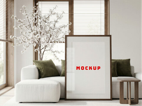 Blank frame poster mockup template. Minimal living room wall art mock up. Vertical blank artwork frame template.