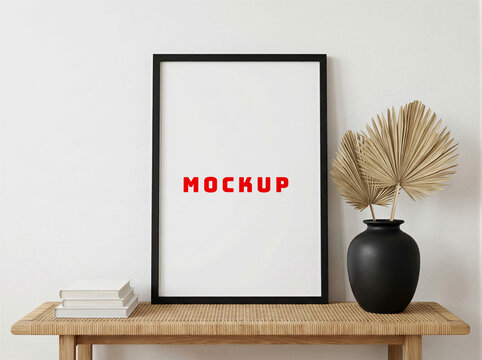 Minimal Boho Black Frame Mockup Template. Blank Poster Mock Up with Pampas Grass Vase on Wooden Console. Modern Neutral Interior Artwork Display.