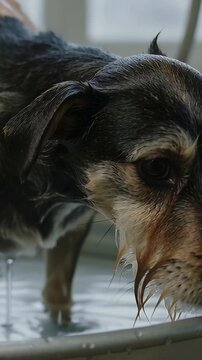 Vertical video: Rinsing, gloved groomer holding small dark dog in tub, running water removing soap