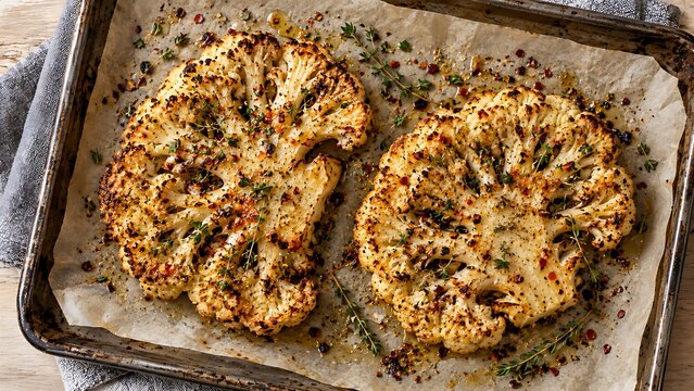 Roasted cauliflower steaks with olive oil and thyme on baking sheet
