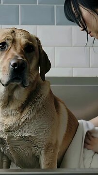 Vertical video: Bringing white towel, owner patting and drying yellow dog after bath in sink, tiles