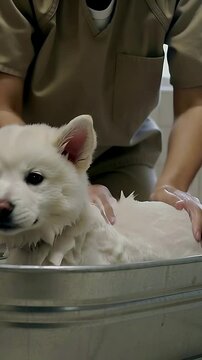 Vertical video: Placing hand, groomer holding and soaping pup coat for washing at salon, tan scrubs