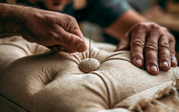 Close up of craftsman hand fixing button on beige tufted sofa. Male worker performs upholstery repair furniture making in cozy living room. Person uses pin to secure fabric on stylish chesterfield