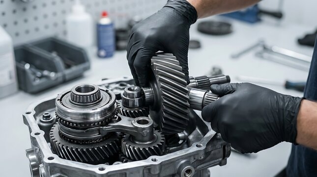 Expert mechanic maintenance worker fixing car transmission assembly with gears and bearings in a factory workshop