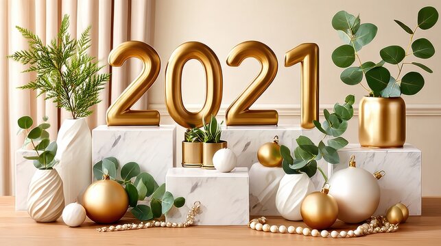 Gold 2021 numbers on white marble podiums surrounded by eucalyptus greenery and gold white ornaments holiday decor