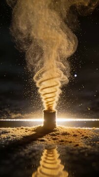 Vertical video: Glowing small cylinder sending golden spiral smoke up in studio, mirrored on puddle