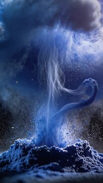 Vertical video: Erupting blue powder plume rising from mound in dark studio, spraying specks
