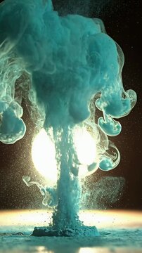 Vertical video: Erupting pigment pile launching turquoise cloud upward on studio table, backlit