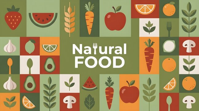 Natural food pattern design with colorful healthy fruits vegetables and grains in a simple flat vector illustration style