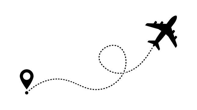Black airplane icon flying with a dotted travel path line and a location pin marker symbol for flight route design
