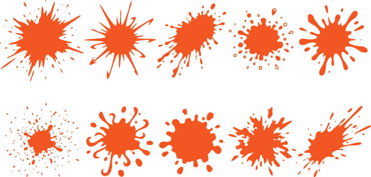 Orange paint splatter set, ink splashes and liquid drops isolated on white background for creative graphic design projects