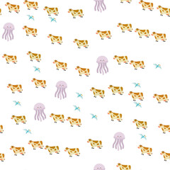 Cartoon cows, jellyfish, and pterodactyls pattern © yunanda