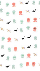 Cartoon Jellyfish, Dinosaurs, and Pterodactyls Pattern © yunanda