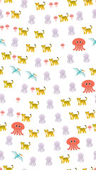 Cartoon Leopards Jellyfish and Pterodactyls Pattern © yunanda