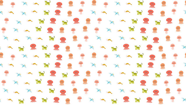 Cartoon animals pattern with jellyfish, leopards, shrimp