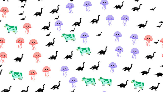 Cartoon Dinosaurs, Jellyfish, and Cows Pattern